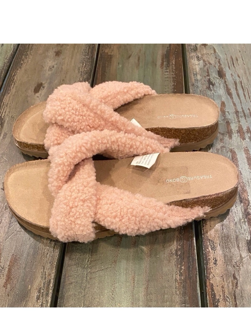 Treasure & Bond Teddy Blush Cork Faux Shearling Fleece Sandals Slides Slippers 7